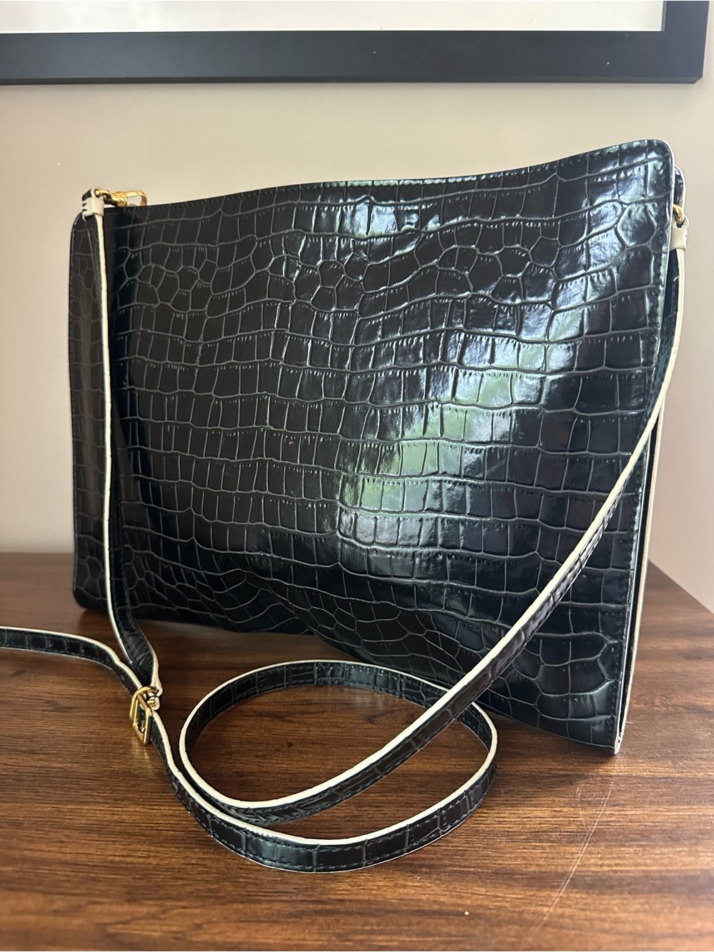 Stella McCartney Black Croc Embossed Shoulder Bag